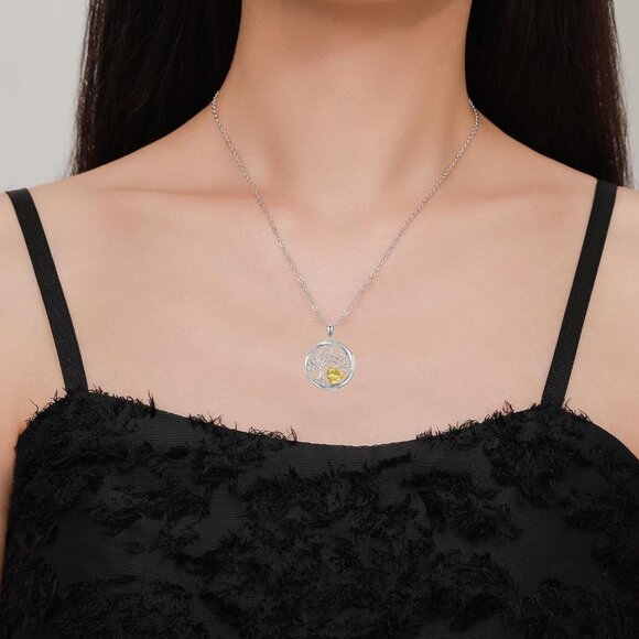 Sterling Silver Tree of Life Necklace with Citrine Birthstone, Adjustable Chain, - Picture 2 of 6